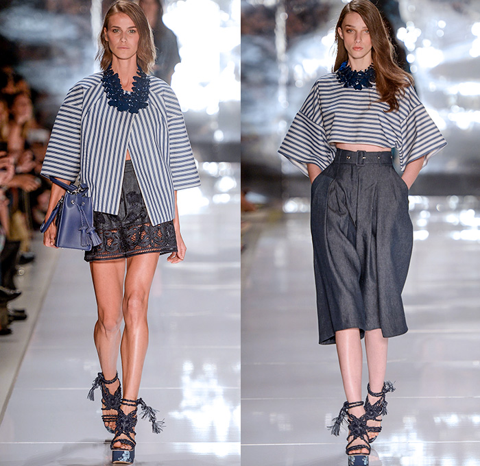 Colcci 2014-2015 Summer Womens Runway Looks - Temporada Verão 2014-2015 São Paulo Fashion Week Brazil Brasil Southern Hemisphere Moda Desfiles - Denim Jeans Embellishments 3d Adornments Acid Wash Bejeweled Crop Top Midriff Wrap Shorts Cutoffs Vest Jacket Culottes Gauchos Wide Leg Circle Poodle Pencil Skirt Embroidery Flowers Florals Pleated Sandals Gladiator Stripes Lace Bandeau Strapless Capelet Leaves Tunic Sheer Chiffon Peek-a-Boo Romper Outerwear Coat
