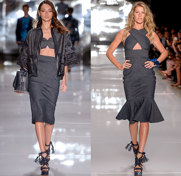 Colcci 2014-2015 Summer Womens Runway Looks - Temporada Verão 2014-2015 São Paulo Fashion Week Brazil Brasil Southern Hemisphere Moda Desfiles - Denim Jeans Embellishments 3d Adornments Acid Wash Bejeweled Crop Top Midriff Wrap Shorts Cutoffs Vest Jacket Culottes Gauchos Wide Leg Circle Poodle Pencil Skirt Embroidery Flowers Florals Pleated Sandals Gladiator Stripes Lace Bandeau Strapless Capelet Leaves Tunic Sheer Chiffon Peek-a-Boo Romper Outerwear Coat