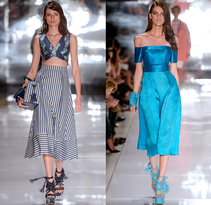 Colcci 2014-2015 Summer Womens Runway Looks - Temporada Verão 2014-2015 São Paulo Fashion Week Brazil Brasil Southern Hemisphere Moda Desfiles - Denim Jeans Embellishments 3d Adornments Acid Wash Bejeweled Crop Top Midriff Wrap Shorts Cutoffs Vest Jacket Culottes Gauchos Wide Leg Circle Poodle Pencil Skirt Embroidery Flowers Florals Pleated Sandals Gladiator Stripes Lace Bandeau Strapless Capelet Leaves Tunic Sheer Chiffon Peek-a-Boo Romper Outerwear Coat