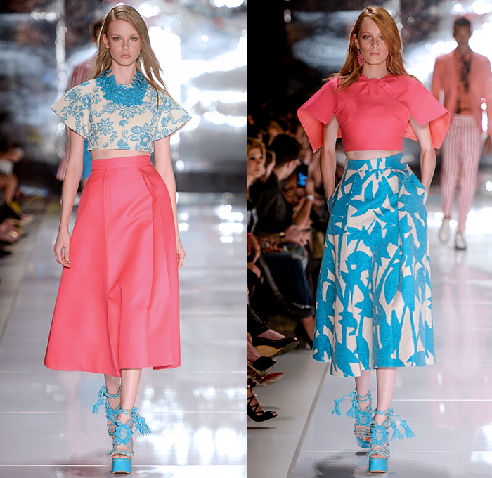 Colcci 2014-2015 Summer Womens Runway Looks - Temporada Verão 2014-2015 São Paulo Fashion Week Brazil Brasil Southern Hemisphere Moda Desfiles - Denim Jeans Embellishments 3d Adornments Acid Wash Bejeweled Crop Top Midriff Wrap Shorts Cutoffs Vest Jacket Culottes Gauchos Wide Leg Circle Poodle Pencil Skirt Embroidery Flowers Florals Pleated Sandals Gladiator Stripes Lace Bandeau Strapless Capelet Leaves Tunic Sheer Chiffon Peek-a-Boo Romper Outerwear Coat