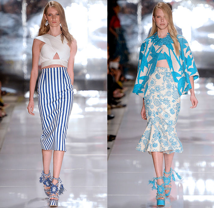 Colcci 2014-2015 Summer Womens Runway Looks - Temporada Verão 2014-2015 São Paulo Fashion Week Brazil Brasil Southern Hemisphere Moda Desfiles - Denim Jeans Embellishments 3d Adornments Acid Wash Bejeweled Crop Top Midriff Wrap Shorts Cutoffs Vest Jacket Culottes Gauchos Wide Leg Circle Poodle Pencil Skirt Embroidery Flowers Florals Pleated Sandals Gladiator Stripes Lace Bandeau Strapless Capelet Leaves Tunic Sheer Chiffon Peek-a-Boo Romper Outerwear Coat