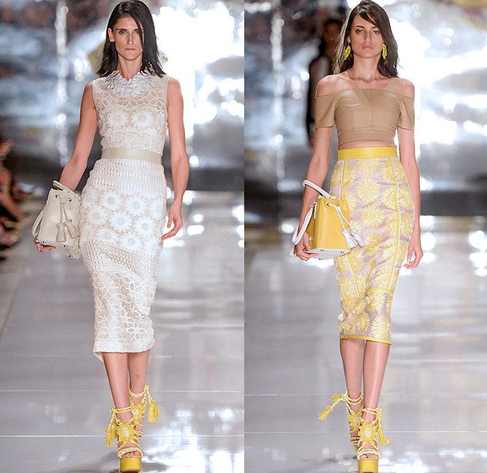 Colcci 2014-2015 Summer Womens Runway Looks - Temporada Verão 2014-2015 São Paulo Fashion Week Brazil Brasil Southern Hemisphere Moda Desfiles - Denim Jeans Embellishments 3d Adornments Acid Wash Bejeweled Crop Top Midriff Wrap Shorts Cutoffs Vest Jacket Culottes Gauchos Wide Leg Circle Poodle Pencil Skirt Embroidery Flowers Florals Pleated Sandals Gladiator Stripes Lace Bandeau Strapless Capelet Leaves Tunic Sheer Chiffon Peek-a-Boo Romper Outerwear Coat