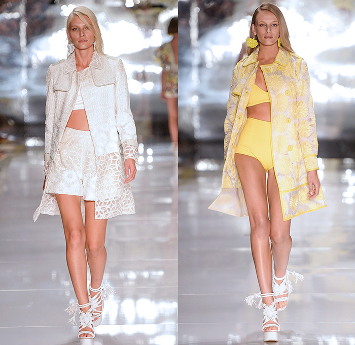 Colcci 2014-2015 Summer Womens Runway Looks - Temporada Verão 2014-2015 São Paulo Fashion Week Brazil Brasil Southern Hemisphere Moda Desfiles - Denim Jeans Embellishments 3d Adornments Acid Wash Bejeweled Crop Top Midriff Wrap Shorts Cutoffs Vest Jacket Culottes Gauchos Wide Leg Circle Poodle Pencil Skirt Embroidery Flowers Florals Pleated Sandals Gladiator Stripes Lace Bandeau Strapless Capelet Leaves Tunic Sheer Chiffon Peek-a-Boo Romper Outerwear Coat