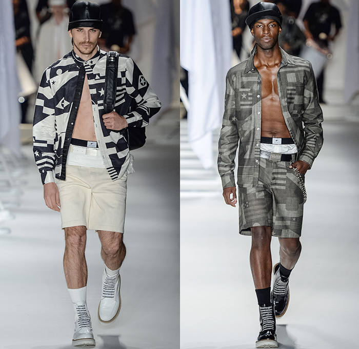 Ellus 2014-2015 Summer Mens Runway Looks - Temporada Verão 2014-2015 São Paulo Fashion Week Brazil Brasil Southern Hemisphere Moda Desfiles - Printed Denim Jeans American Us Flag Stars Stripes Geometric Outerwear Jacket Roll Up Fold Up Faded Retro Bleached Acid Wash Trucker Jacket Shorts Jorts Vest Waistcoat