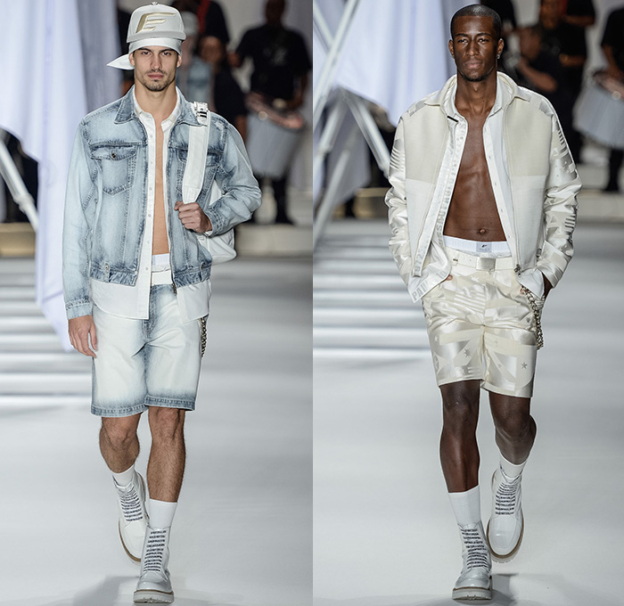 Ellus 2014-2015 Summer Mens Runway Looks - Temporada Verão 2014-2015 São Paulo Fashion Week Brazil Brasil Southern Hemisphere Moda Desfiles - Printed Denim Jeans American Us Flag Stars Stripes Geometric Outerwear Jacket Roll Up Fold Up Faded Retro Bleached Acid Wash Trucker Jacket Shorts Jorts Vest Waistcoat