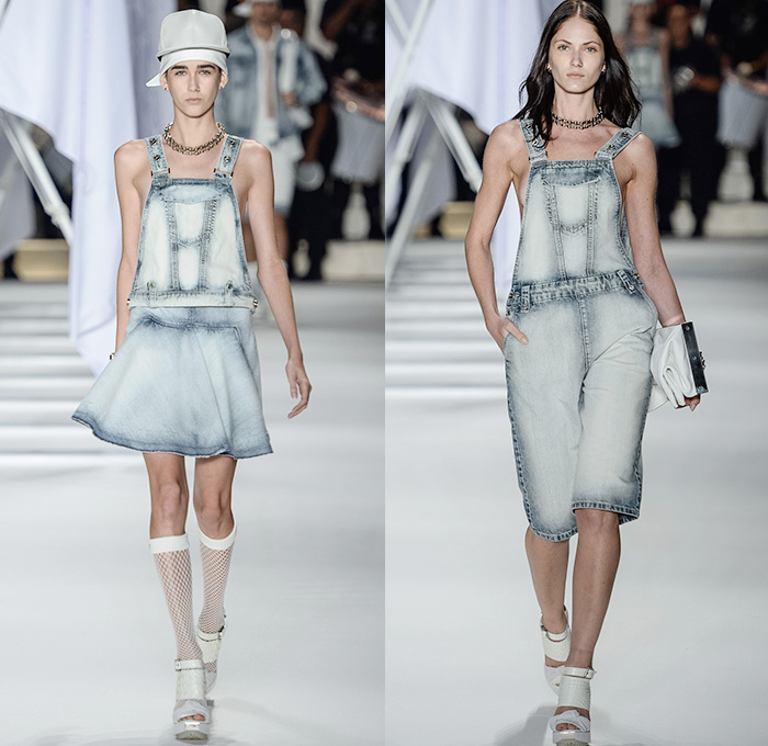Ellus 2014-2015 Summer Womens Runway Looks - Temporada Verão 2014-2015 São Paulo Fashion Week Brazil Brasil Southern Hemisphere Moda Desfiles - Acid Wash Denim Jeans Bleached Faded Bib Brace Dungarees Skirt Frock Romper One Piece Vest Shorts Cutoffs Strapless Frayed Crop Top Midriff Outerwear Coat Jacket Dress Gauchos Culottes Multi-Panel Peplum Typography Numbers Metallic Silver Stars Pleats Leather Lace Sheer Chiffon Peek-a-Boo