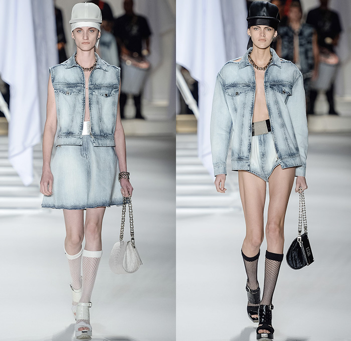 Ellus 2014-2015 Summer Womens Runway Looks - Temporada Verão 2014-2015 São Paulo Fashion Week Brazil Brasil Southern Hemisphere Moda Desfiles - Acid Wash Denim Jeans Bleached Faded Bib Brace Dungarees Skirt Frock Romper One Piece Vest Shorts Cutoffs Strapless Frayed Crop Top Midriff Outerwear Coat Jacket Dress Gauchos Culottes Multi-Panel Peplum Typography Numbers Metallic Silver Stars Pleats Leather Lace Sheer Chiffon Peek-a-Boo