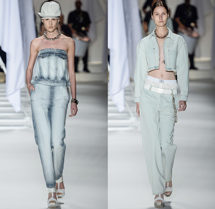 Ellus 2014-2015 Summer Womens Runway Looks - Temporada Verão 2014-2015 São Paulo Fashion Week Brazil Brasil Southern Hemisphere Moda Desfiles - Acid Wash Denim Jeans Bleached Faded Bib Brace Dungarees Skirt Frock Romper One Piece Vest Shorts Cutoffs Strapless Frayed Crop Top Midriff Outerwear Coat Jacket Dress Gauchos Culottes Multi-Panel Peplum Typography Numbers Metallic Silver Stars Pleats Leather Lace Sheer Chiffon Peek-a-Boo