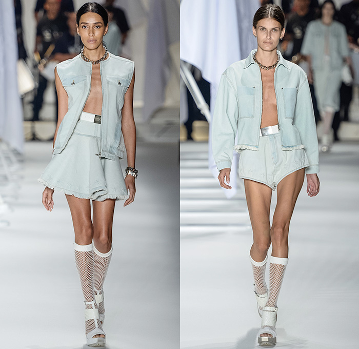 Ellus 2014-2015 Summer Womens Runway Looks - Temporada Verão 2014-2015 São Paulo Fashion Week Brazil Brasil Southern Hemisphere Moda Desfiles - Acid Wash Denim Jeans Bleached Faded Bib Brace Dungarees Skirt Frock Romper One Piece Vest Shorts Cutoffs Strapless Frayed Crop Top Midriff Outerwear Coat Jacket Dress Gauchos Culottes Multi-Panel Peplum Typography Numbers Metallic Silver Stars Pleats Leather Lace Sheer Chiffon Peek-a-Boo