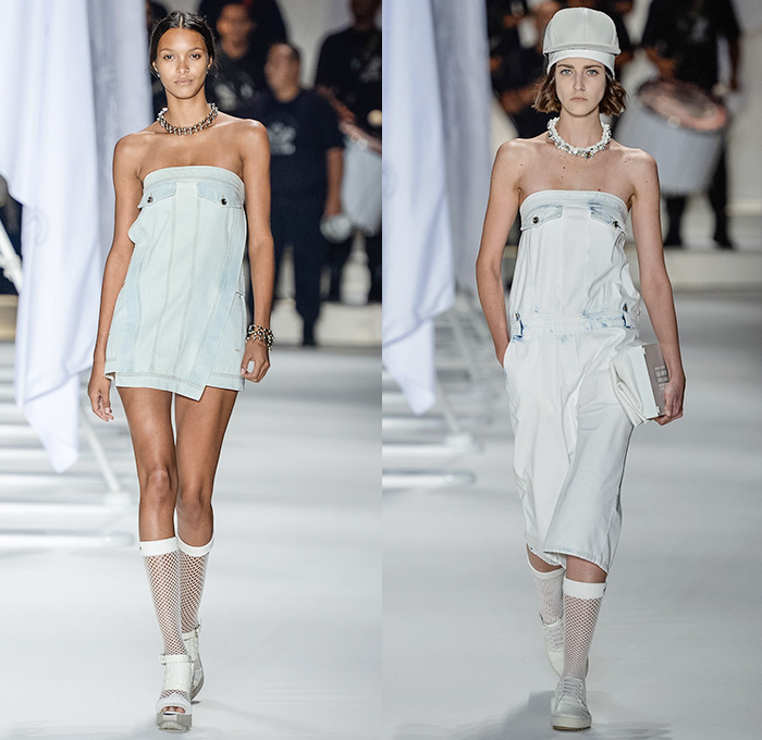 Ellus 2014-2015 Summer Womens Runway Looks - Temporada Verão 2014-2015 São Paulo Fashion Week Brazil Brasil Southern Hemisphere Moda Desfiles - Acid Wash Denim Jeans Bleached Faded Bib Brace Dungarees Skirt Frock Romper One Piece Vest Shorts Cutoffs Strapless Frayed Crop Top Midriff Outerwear Coat Jacket Dress Gauchos Culottes Multi-Panel Peplum Typography Numbers Metallic Silver Stars Pleats Leather Lace Sheer Chiffon Peek-a-Boo