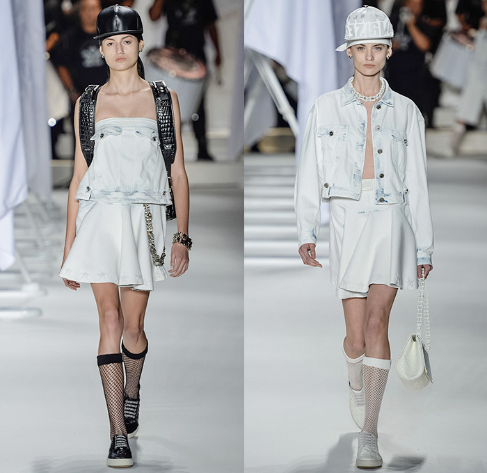 Ellus 2014-2015 Summer Womens Runway Looks - Temporada Verão 2014-2015 São Paulo Fashion Week Brazil Brasil Southern Hemisphere Moda Desfiles - Acid Wash Denim Jeans Bleached Faded Bib Brace Dungarees Skirt Frock Romper One Piece Vest Shorts Cutoffs Strapless Frayed Crop Top Midriff Outerwear Coat Jacket Dress Gauchos Culottes Multi-Panel Peplum Typography Numbers Metallic Silver Stars Pleats Leather Lace Sheer Chiffon Peek-a-Boo