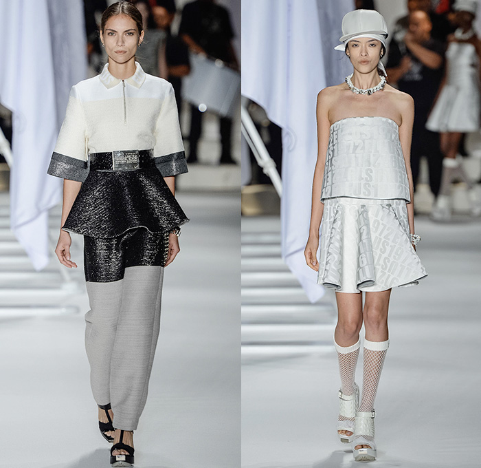 Ellus 2014-2015 Summer Womens Runway Looks - Temporada Verão 2014-2015 São Paulo Fashion Week Brazil Brasil Southern Hemisphere Moda Desfiles - Acid Wash Denim Jeans Bleached Faded Bib Brace Dungarees Skirt Frock Romper One Piece Vest Shorts Cutoffs Strapless Frayed Crop Top Midriff Outerwear Coat Jacket Dress Gauchos Culottes Multi-Panel Peplum Typography Numbers Metallic Silver Stars Pleats Leather Lace Sheer Chiffon Peek-a-Boo