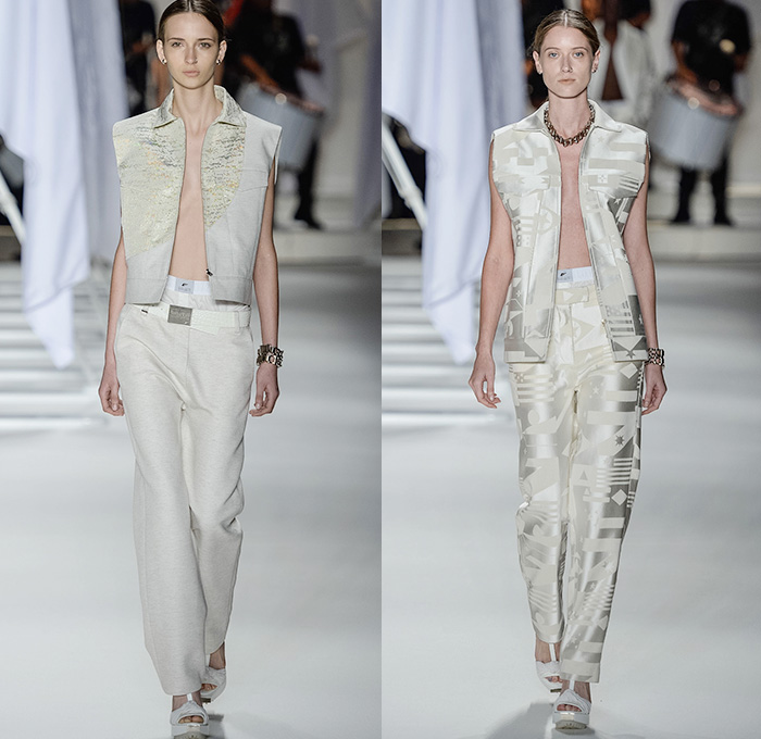 Ellus 2014-2015 Summer Womens Runway Looks - Temporada Verão 2014-2015 São Paulo Fashion Week Brazil Brasil Southern Hemisphere Moda Desfiles - Acid Wash Denim Jeans Bleached Faded Bib Brace Dungarees Skirt Frock Romper One Piece Vest Shorts Cutoffs Strapless Frayed Crop Top Midriff Outerwear Coat Jacket Dress Gauchos Culottes Multi-Panel Peplum Typography Numbers Metallic Silver Stars Pleats Leather Lace Sheer Chiffon Peek-a-Boo