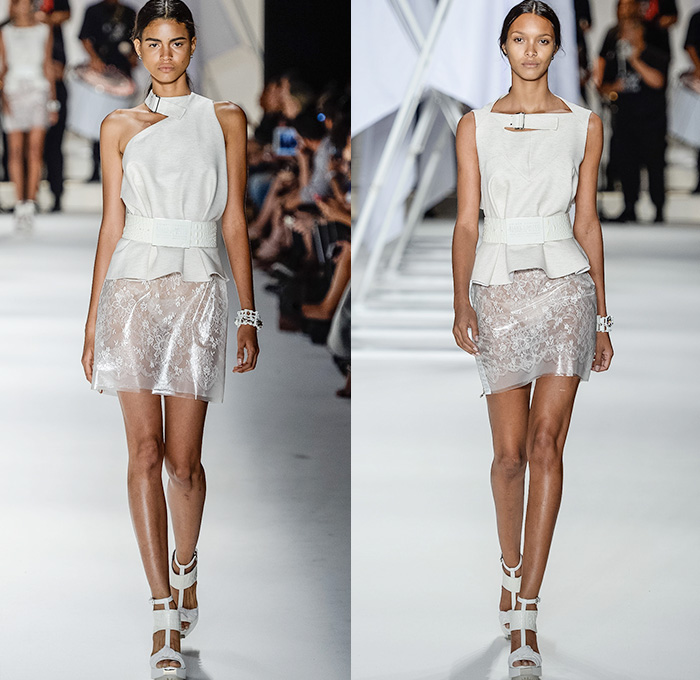 Ellus 2014-2015 Summer Womens Runway Looks - Temporada Verão 2014-2015 São Paulo Fashion Week Brazil Brasil Southern Hemisphere Moda Desfiles - Acid Wash Denim Jeans Bleached Faded Bib Brace Dungarees Skirt Frock Romper One Piece Vest Shorts Cutoffs Strapless Frayed Crop Top Midriff Outerwear Coat Jacket Dress Gauchos Culottes Multi-Panel Peplum Typography Numbers Metallic Silver Stars Pleats Leather Lace Sheer Chiffon Peek-a-Boo