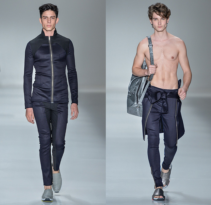 João Pimenta 2014-2015 Summer Mens Runway Looks - Temporada Verão 2014-2015 São Paulo Fashion Week Brazil Brasil Southern Hemisphere Moda Desfiles - Multi-Panel Rubberized Denim Jeans Fitted Skinny Zippers Net Mesh Peek-a-Boo Bejeweled Embellishments 3D Adornments Vest Waistcoat Shorts Suit Blazer Monochromatic Outerwear Coat Stripes Pinstripe Lace Up Metallic Dovetail Sandals Jogging Sweatpants Duffel Bag Crosshatch Hoodie