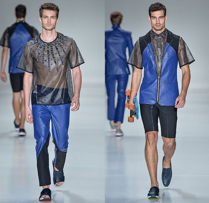 João Pimenta 2014-2015 Summer Mens Runway Looks - Temporada Verão 2014-2015 São Paulo Fashion Week Brazil Brasil Southern Hemisphere Moda Desfiles - Multi-Panel Rubberized Denim Jeans Fitted Skinny Zippers Net Mesh Peek-a-Boo Bejeweled Embellishments 3D Adornments Vest Waistcoat Shorts Suit Blazer Monochromatic Outerwear Coat Stripes Pinstripe Lace Up Metallic Dovetail Sandals Jogging Sweatpants Duffel Bag Crosshatch Hoodie