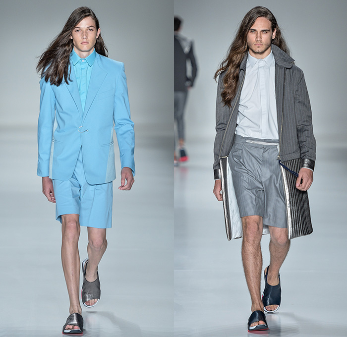 João Pimenta 2014-2015 Summer Mens Runway Looks - Temporada Verão 2014-2015 São Paulo Fashion Week Brazil Brasil Southern Hemisphere Moda Desfiles - Multi-Panel Rubberized Denim Jeans Fitted Skinny Zippers Net Mesh Peek-a-Boo Bejeweled Embellishments 3D Adornments Vest Waistcoat Shorts Suit Blazer Monochromatic Outerwear Coat Stripes Pinstripe Lace Up Metallic Dovetail Sandals Jogging Sweatpants Duffel Bag Crosshatch Hoodie