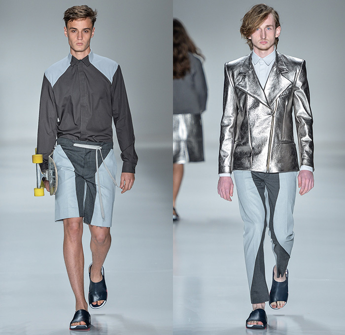 João Pimenta 2014-2015 Summer Mens Runway Looks - Temporada Verão 2014-2015 São Paulo Fashion Week Brazil Brasil Southern Hemisphere Moda Desfiles - Multi-Panel Rubberized Denim Jeans Fitted Skinny Zippers Net Mesh Peek-a-Boo Bejeweled Embellishments 3D Adornments Vest Waistcoat Shorts Suit Blazer Monochromatic Outerwear Coat Stripes Pinstripe Lace Up Metallic Dovetail Sandals Jogging Sweatpants Duffel Bag Crosshatch Hoodie