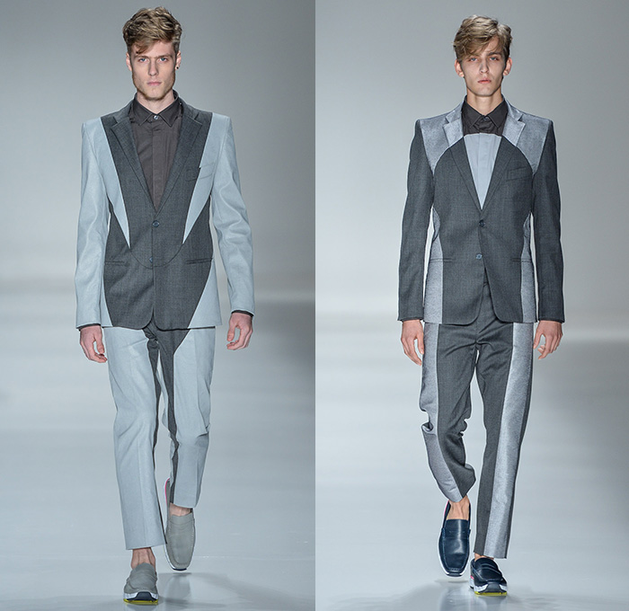 João Pimenta 2014-2015 Summer Mens Runway Looks - Temporada Verão 2014-2015 São Paulo Fashion Week Brazil Brasil Southern Hemisphere Moda Desfiles - Multi-Panel Rubberized Denim Jeans Fitted Skinny Zippers Net Mesh Peek-a-Boo Bejeweled Embellishments 3D Adornments Vest Waistcoat Shorts Suit Blazer Monochromatic Outerwear Coat Stripes Pinstripe Lace Up Metallic Dovetail Sandals Jogging Sweatpants Duffel Bag Crosshatch Hoodie