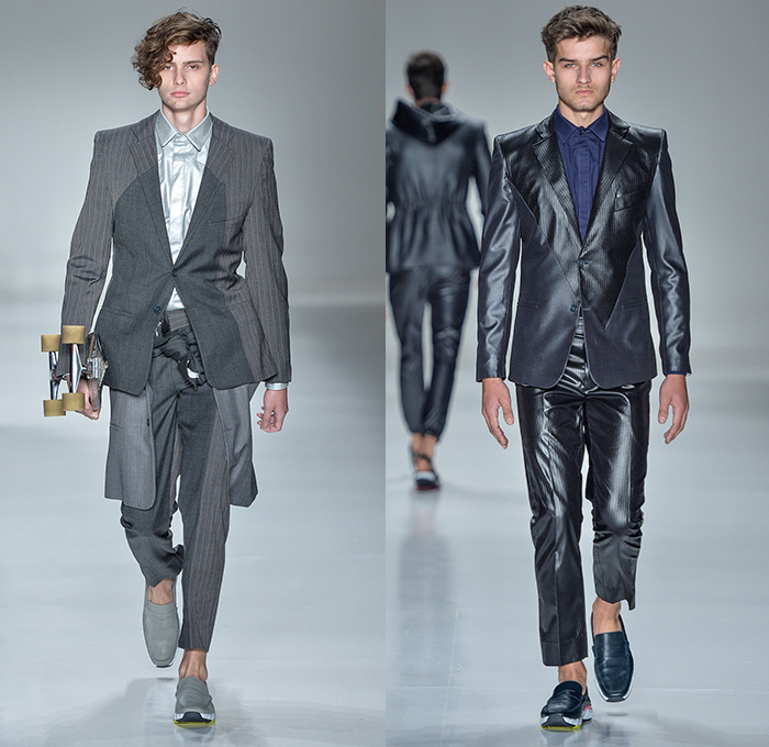 João Pimenta 2014-2015 Summer Mens Runway Looks - Temporada Verão 2014-2015 São Paulo Fashion Week Brazil Brasil Southern Hemisphere Moda Desfiles - Multi-Panel Rubberized Denim Jeans Fitted Skinny Zippers Net Mesh Peek-a-Boo Bejeweled Embellishments 3D Adornments Vest Waistcoat Shorts Suit Blazer Monochromatic Outerwear Coat Stripes Pinstripe Lace Up Metallic Dovetail Sandals Jogging Sweatpants Duffel Bag Crosshatch Hoodie