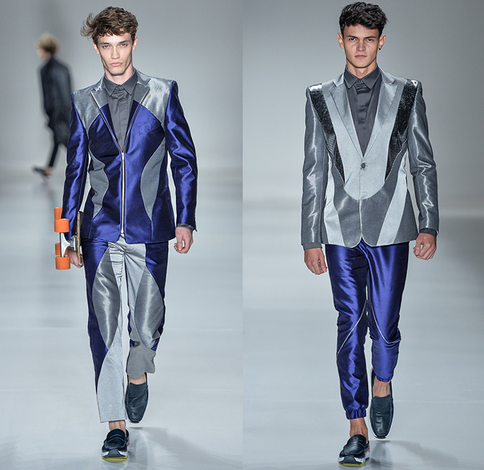 João Pimenta 2014-2015 Summer Mens Runway Looks - Temporada Verão 2014-2015 São Paulo Fashion Week Brazil Brasil Southern Hemisphere Moda Desfiles - Multi-Panel Rubberized Denim Jeans Fitted Skinny Zippers Net Mesh Peek-a-Boo Bejeweled Embellishments 3D Adornments Vest Waistcoat Shorts Suit Blazer Monochromatic Outerwear Coat Stripes Pinstripe Lace Up Metallic Dovetail Sandals Jogging Sweatpants Duffel Bag Crosshatch Hoodie