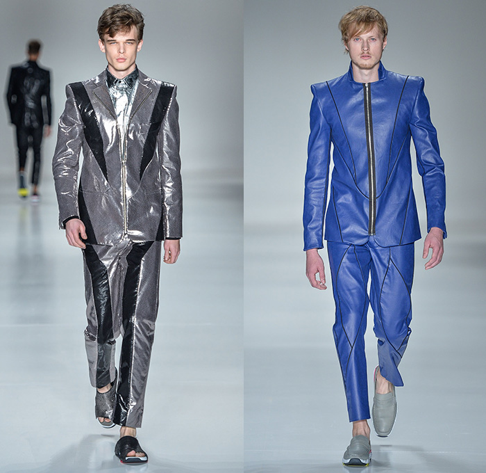 João Pimenta 2014-2015 Summer Mens Runway Looks - Temporada Verão 2014-2015 São Paulo Fashion Week Brazil Brasil Southern Hemisphere Moda Desfiles - Multi-Panel Rubberized Denim Jeans Fitted Skinny Zippers Net Mesh Peek-a-Boo Bejeweled Embellishments 3D Adornments Vest Waistcoat Shorts Suit Blazer Monochromatic Outerwear Coat Stripes Pinstripe Lace Up Metallic Dovetail Sandals Jogging Sweatpants Duffel Bag Crosshatch Hoodie