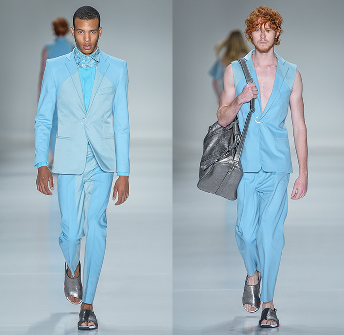 João Pimenta 2014-2015 Summer Mens Runway Looks - Temporada Verão 2014-2015 São Paulo Fashion Week Brazil Brasil Southern Hemisphere Moda Desfiles - Multi-Panel Rubberized Denim Jeans Fitted Skinny Zippers Net Mesh Peek-a-Boo Bejeweled Embellishments 3D Adornments Vest Waistcoat Shorts Suit Blazer Monochromatic Outerwear Coat Stripes Pinstripe Lace Up Metallic Dovetail Sandals Jogging Sweatpants Duffel Bag Crosshatch Hoodie