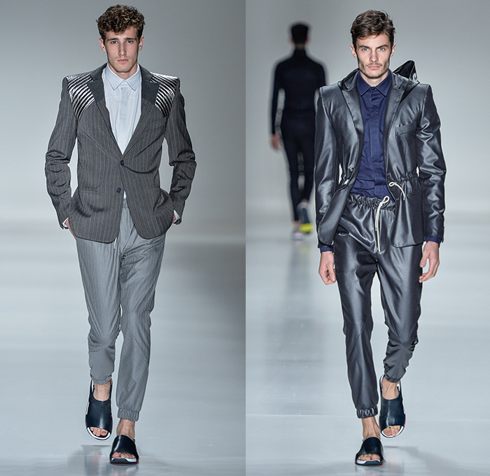 João Pimenta 2014-2015 Summer Mens Runway Looks - Temporada Verão 2014-2015 São Paulo Fashion Week Brazil Brasil Southern Hemisphere Moda Desfiles - Multi-Panel Rubberized Denim Jeans Fitted Skinny Zippers Net Mesh Peek-a-Boo Bejeweled Embellishments 3D Adornments Vest Waistcoat Shorts Suit Blazer Monochromatic Outerwear Coat Stripes Pinstripe Lace Up Metallic Dovetail Sandals Jogging Sweatpants Duffel Bag Crosshatch Hoodie