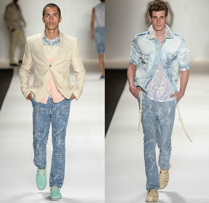 TNG 2014-2015 Summer Mens Runway Looks - Temporada Verão 2014-2015 Fashion Rio de Janeiro Brazil Brasil Southern Hemisphere Moda Desfiles - Denim Jeans Flowers Florals Print Motif Outerwear Jacket Blazer Sportcoat Necktie Animals Birds Embossed Engraved Printed Jeans Color Block Retro Faded Bleached Acid Wash Rope Sandals Tank Top White Cargo Pockets Shorts Jorts Shirt Vest Waistcoat Hat Shirt Colored