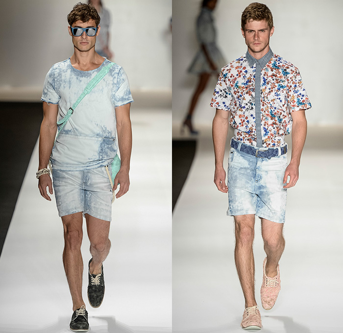 TNG 2014-2015 Summer Mens Runway Looks - Temporada Verão 2014-2015 Fashion Rio de Janeiro Brazil Brasil Southern Hemisphere Moda Desfiles - Denim Jeans Flowers Florals Print Motif Outerwear Jacket Blazer Sportcoat Necktie Animals Birds Embossed Engraved Printed Jeans Color Block Retro Faded Bleached Acid Wash Rope Sandals Tank Top White Cargo Pockets Shorts Jorts Shirt Vest Waistcoat Hat Shirt Colored