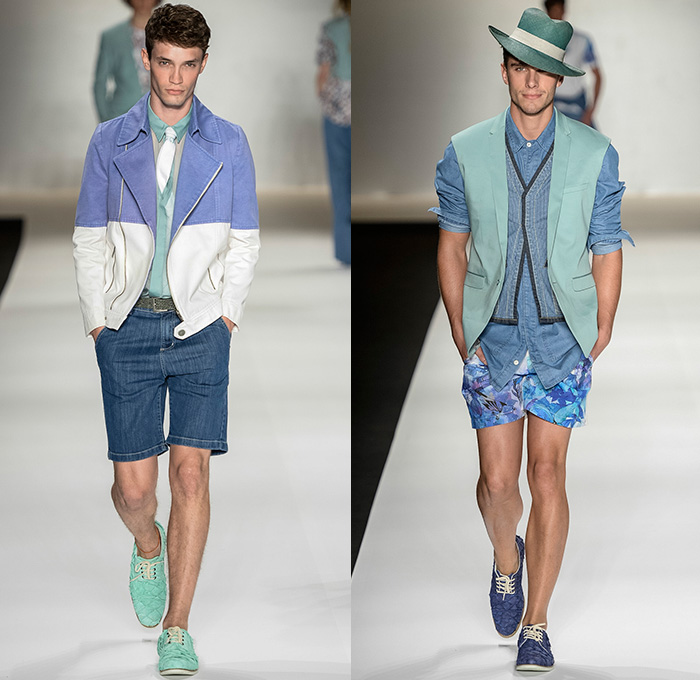 TNG 2014-2015 Summer Mens Runway Looks - Temporada Verão 2014-2015 Fashion Rio de Janeiro Brazil Brasil Southern Hemisphere Moda Desfiles - Denim Jeans Flowers Florals Print Motif Outerwear Jacket Blazer Sportcoat Necktie Animals Birds Embossed Engraved Printed Jeans Color Block Retro Faded Bleached Acid Wash Rope Sandals Tank Top White Cargo Pockets Shorts Jorts Shirt Vest Waistcoat Hat Shirt Colored