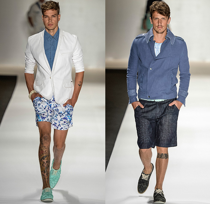 TNG 2014-2015 Summer Mens Runway Looks - Temporada Verão 2014-2015 Fashion Rio de Janeiro Brazil Brasil Southern Hemisphere Moda Desfiles - Denim Jeans Flowers Florals Print Motif Outerwear Jacket Blazer Sportcoat Necktie Animals Birds Embossed Engraved Printed Jeans Color Block Retro Faded Bleached Acid Wash Rope Sandals Tank Top White Cargo Pockets Shorts Jorts Shirt Vest Waistcoat Hat Shirt Colored