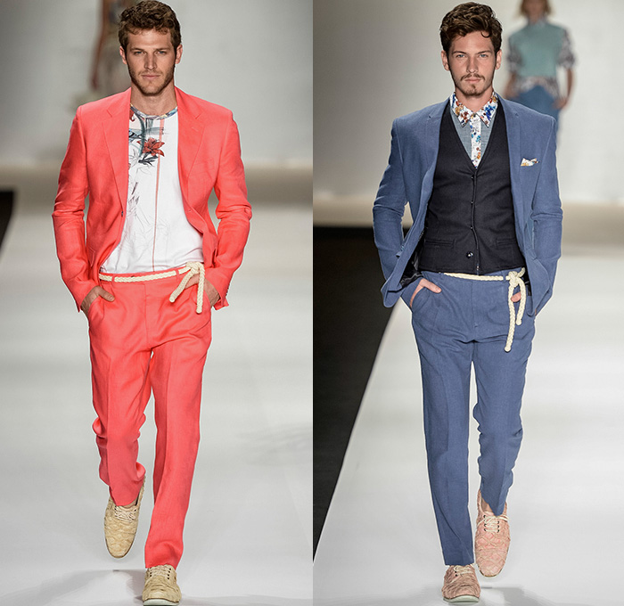 TNG 2014-2015 Summer Mens Runway Looks - Temporada Verão 2014-2015 Fashion Rio de Janeiro Brazil Brasil Southern Hemisphere Moda Desfiles - Denim Jeans Flowers Florals Print Motif Outerwear Jacket Blazer Sportcoat Necktie Animals Birds Embossed Engraved Printed Jeans Color Block Retro Faded Bleached Acid Wash Rope Sandals Tank Top White Cargo Pockets Shorts Jorts Shirt Vest Waistcoat Hat Shirt Colored