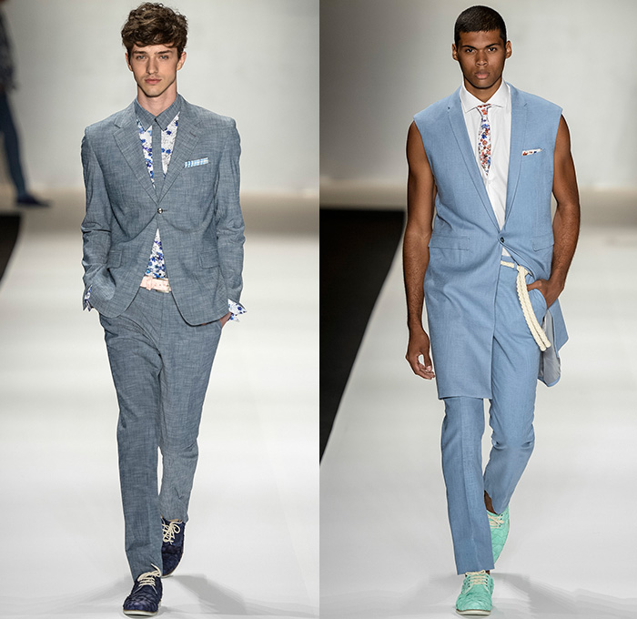 TNG 2014-2015 Summer Mens Runway Looks - Temporada Verão 2014-2015 Fashion Rio de Janeiro Brazil Brasil Southern Hemisphere Moda Desfiles - Denim Jeans Flowers Florals Print Motif Outerwear Jacket Blazer Sportcoat Necktie Animals Birds Embossed Engraved Printed Jeans Color Block Retro Faded Bleached Acid Wash Rope Sandals Tank Top White Cargo Pockets Shorts Jorts Shirt Vest Waistcoat Hat Shirt Colored