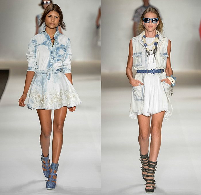 TNG 2014-2015 Summer Womens Runway Looks - Temporada Verão 2014-2015 Fashion Rio de Janeiro Brazil Brasil Southern Hemisphere Moda Desfiles - Denim Jeans Acid Wash Bleached Faded Skinny Coat Flowers Florals Print Motif Lace Peek-a-Boo Embossed Engraved Wide Leg Palazzo Pants Crop Top Midriff Blouse Skirt Frock Gladiator Sandals Windowpane Checks Shorts Jorts Cut Offs Colored Sheer Chiffon Birds Hoodie Bib Brace Embroidery Marbled Motorcycle Biker Rider Rope