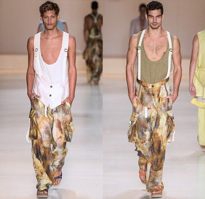 Triton 2014-2015 Summer Mens Runway Looks - Temporada Verão 2014-2015 São Paulo Fashion Week Brazil Brasil Southern Hemisphere Moda Desfiles - Marble Stripes Mesh Peek-a-Boo Slouchy Jeans Pants Trousers Abstract Painting Suspenders Waistcoat Vest Tank Top Multi-Panel Print Motif Fishnet Zippers Sandals Tropical Flowers Florals Chinos Slacks Shorts Trunks 