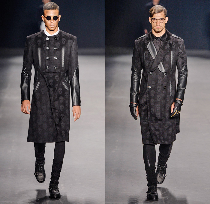 HERCHCOVITCH;ALEXANDRE 2014 Winter Mens Runway Collection - São Paulo Fashion Week Brazil - Inverno 2014 Homens Desfiles - Dark Post-Apocalyptic Military Black Leggings Oversized Outerwear Coats Skulls Animal Leopard Checks Print Knitwear Crochet