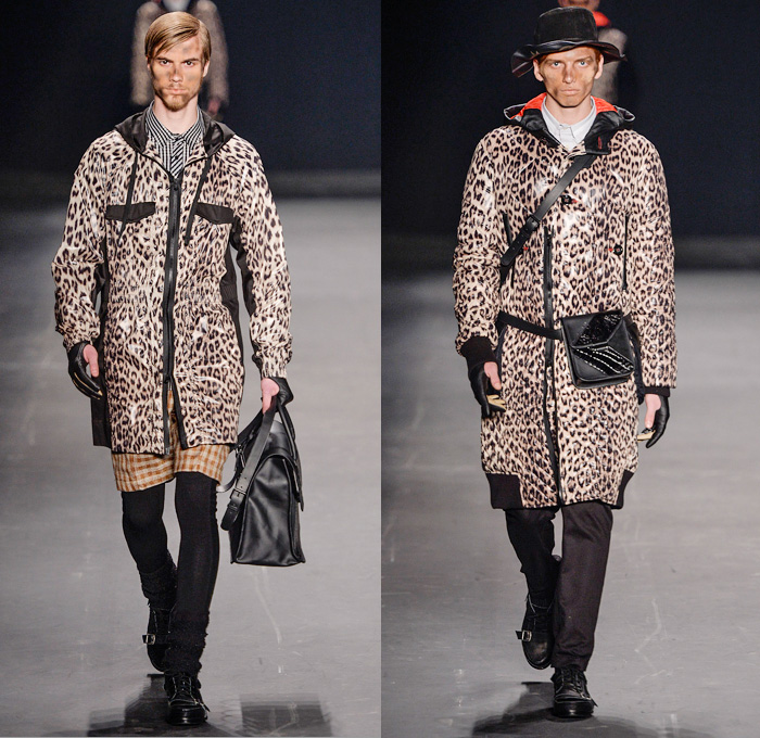 HERCHCOVITCH;ALEXANDRE 2014 Winter Mens Runway Collection - São Paulo Fashion Week Brazil - Inverno 2014 Homens Desfiles - Dark Post-Apocalyptic Military Black Leggings Oversized Outerwear Coats Skulls Animal Leopard Checks Print Knitwear Crochet