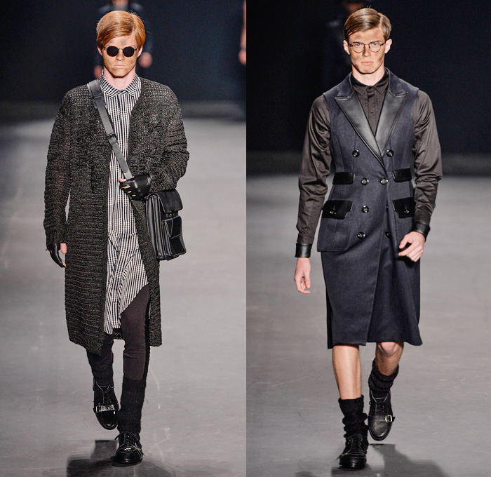 HERCHCOVITCH;ALEXANDRE 2014 Winter Mens Runway Collection - São Paulo Fashion Week Brazil - Inverno 2014 Homens Desfiles - Dark Post-Apocalyptic Military Black Leggings Oversized Outerwear Coats Skulls Animal Leopard Checks Print Knitwear Crochet