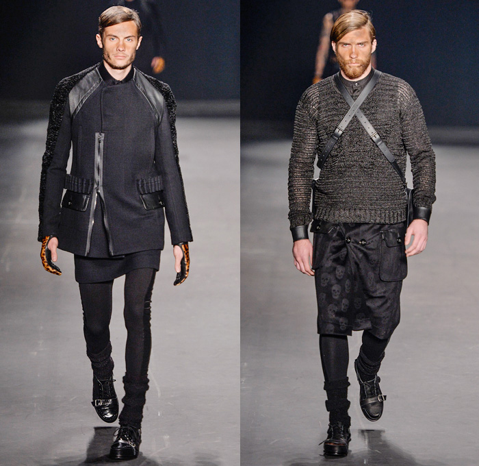 HERCHCOVITCH;ALEXANDRE 2014 Winter Mens Runway Collection - São Paulo Fashion Week Brazil - Inverno 2014 Homens Desfiles - Dark Post-Apocalyptic Military Black Leggings Oversized Outerwear Coats Skulls Animal Leopard Checks Print Knitwear Crochet