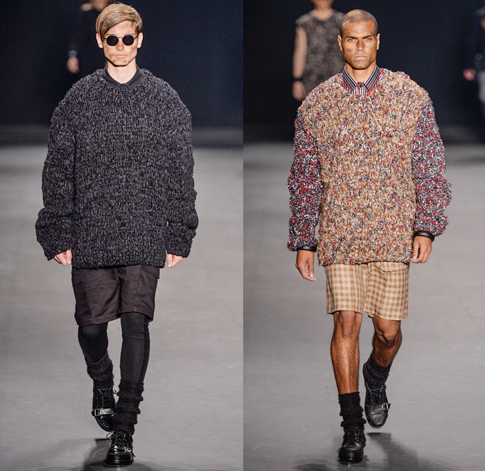 HERCHCOVITCH;ALEXANDRE 2014 Winter Mens Runway Collection - São Paulo Fashion Week Brazil - Inverno 2014 Homens Desfiles - Dark Post-Apocalyptic Military Black Leggings Oversized Outerwear Coats Skulls Animal Leopard Checks Print Knitwear Crochet