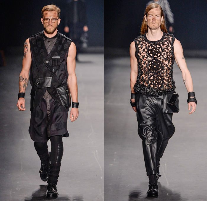 HERCHCOVITCH;ALEXANDRE 2014 Winter Mens Runway Collection - São Paulo Fashion Week Brazil - Inverno 2014 Homens Desfiles - Dark Post-Apocalyptic Military Black Leggings Oversized Outerwear Coats Skulls Animal Leopard Checks Print Knitwear Crochet