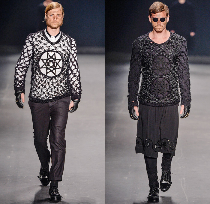 HERCHCOVITCH;ALEXANDRE 2014 Winter Mens Runway Collection - São Paulo Fashion Week Brazil - Inverno 2014 Homens Desfiles - Dark Post-Apocalyptic Military Black Leggings Oversized Outerwear Coats Skulls Animal Leopard Checks Print Knitwear Crochet