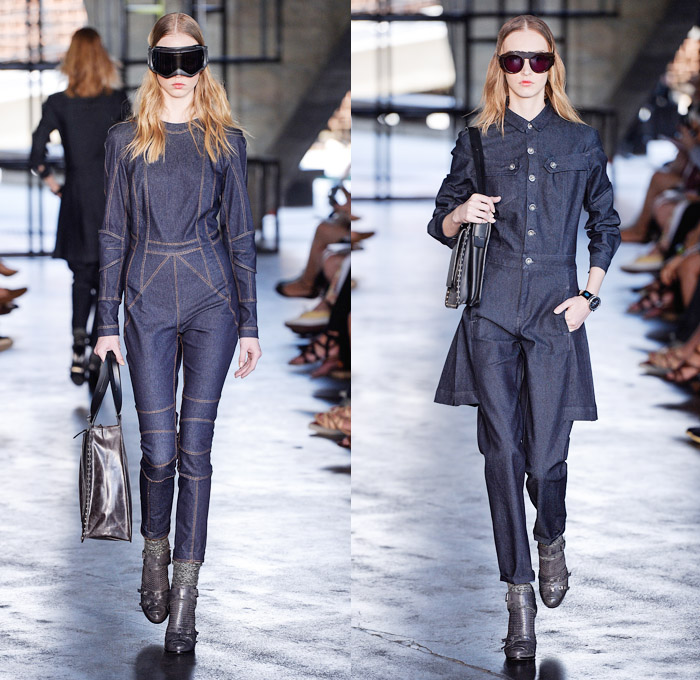 HERCHCOVITCH;ALEXANDRE 2014 Winter Southern Hemisphere Womens Runway Collection - Fashion Rio Brazil Moda Brasileira - Inverno 2014 Mulheres Desfiles - Medieval Sporty Futuristic Sporty Coated Motorcycle Biker Denim Jeans Jumpsuit Skirtpants Windowpane Checks Goggles Basketweave