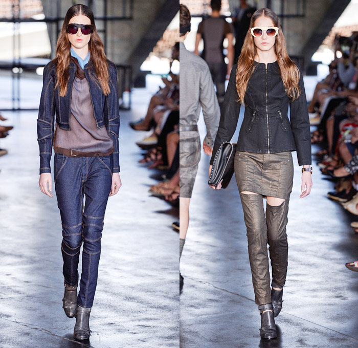 HERCHCOVITCH;ALEXANDRE 2014 Winter Southern Hemisphere Womens Runway Collection - Fashion Rio Brazil Moda Brasileira - Inverno 2014 Mulheres Desfiles - Medieval Sporty Futuristic Sporty Coated Motorcycle Biker Denim Jeans Jumpsuit Skirtpants Windowpane Checks Goggles Basketweave