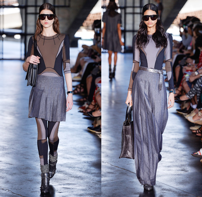 HERCHCOVITCH;ALEXANDRE 2014 Winter Southern Hemisphere Womens Runway Collection - Fashion Rio Brazil Moda Brasileira - Inverno 2014 Mulheres Desfiles - Medieval Sporty Futuristic Sporty Coated Motorcycle Biker Denim Jeans Jumpsuit Skirtpants Windowpane Checks Goggles Basketweave