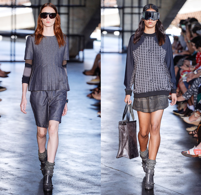 HERCHCOVITCH;ALEXANDRE 2014 Winter Southern Hemisphere Womens Runway Collection - Fashion Rio Brazil Moda Brasileira - Inverno 2014 Mulheres Desfiles - Medieval Sporty Futuristic Sporty Coated Motorcycle Biker Denim Jeans Jumpsuit Skirtpants Windowpane Checks Goggles Basketweave