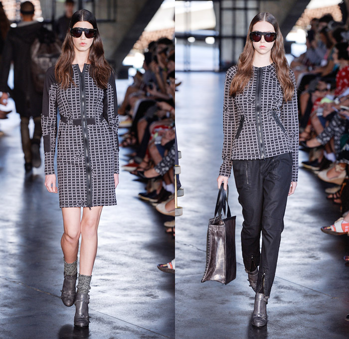 HERCHCOVITCH;ALEXANDRE 2014 Winter Southern Hemisphere Womens Runway Collection - Fashion Rio Brazil Moda Brasileira - Inverno 2014 Mulheres Desfiles - Medieval Sporty Futuristic Sporty Coated Motorcycle Biker Denim Jeans Jumpsuit Skirtpants Windowpane Checks Goggles Basketweave