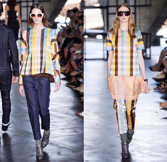 HERCHCOVITCH;ALEXANDRE 2014 Winter Southern Hemisphere Womens Runway Collection - Fashion Rio Brazil Moda Brasileira - Inverno 2014 Mulheres Desfiles - Medieval Sporty Futuristic Sporty Coated Motorcycle Biker Denim Jeans Jumpsuit Skirtpants Windowpane Checks Goggles Basketweave