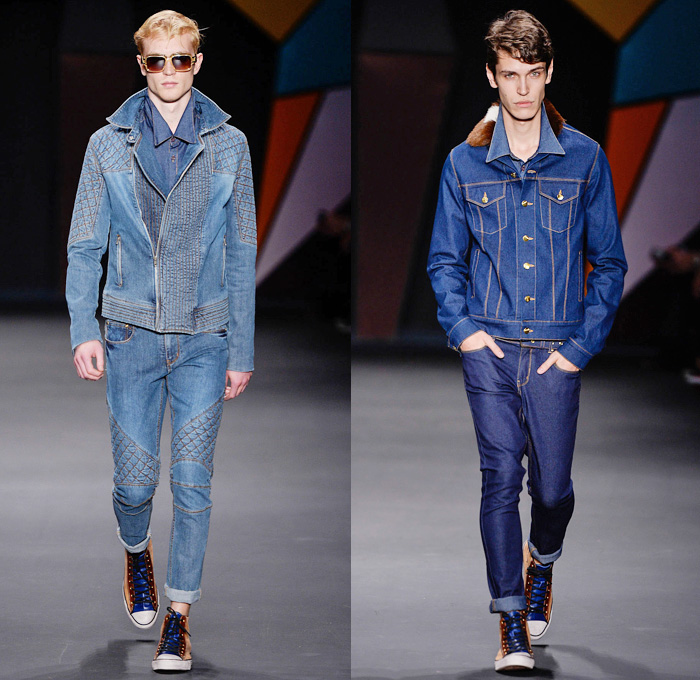 Amapô Brazil 2014 Winter Southern Hemisphere Mens Runway Collection - São Paulo Fashion Week Brazil - Inverno 2014 Homens Desfiles - High Streetwear Full Denim on Denim Jeans Motorcycle Biker Rider Panels Quilted Padding Furry Cow Multi-Panel Sweater Coat Cape Cloak Hanging Sleeve